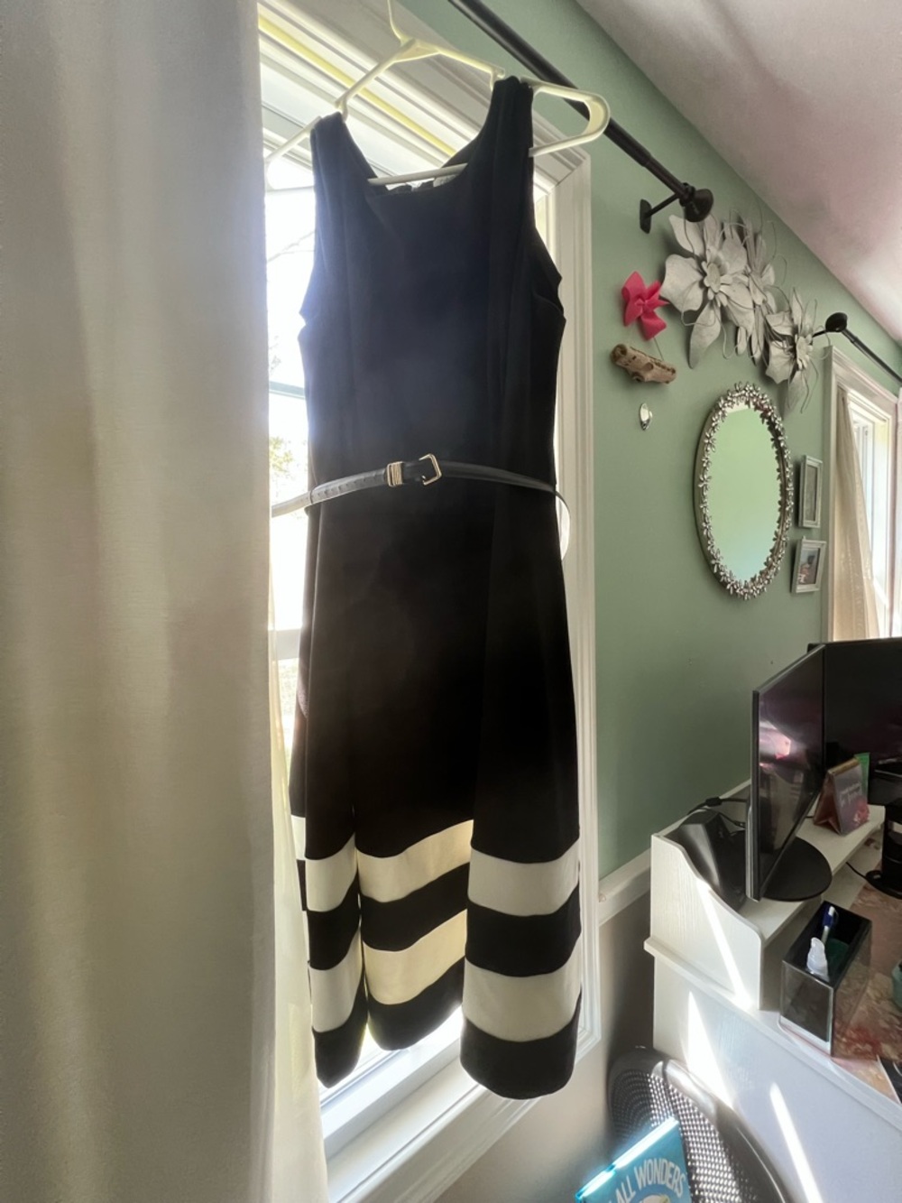 Calvin Klein Black Midi Dress with White Striped Hem